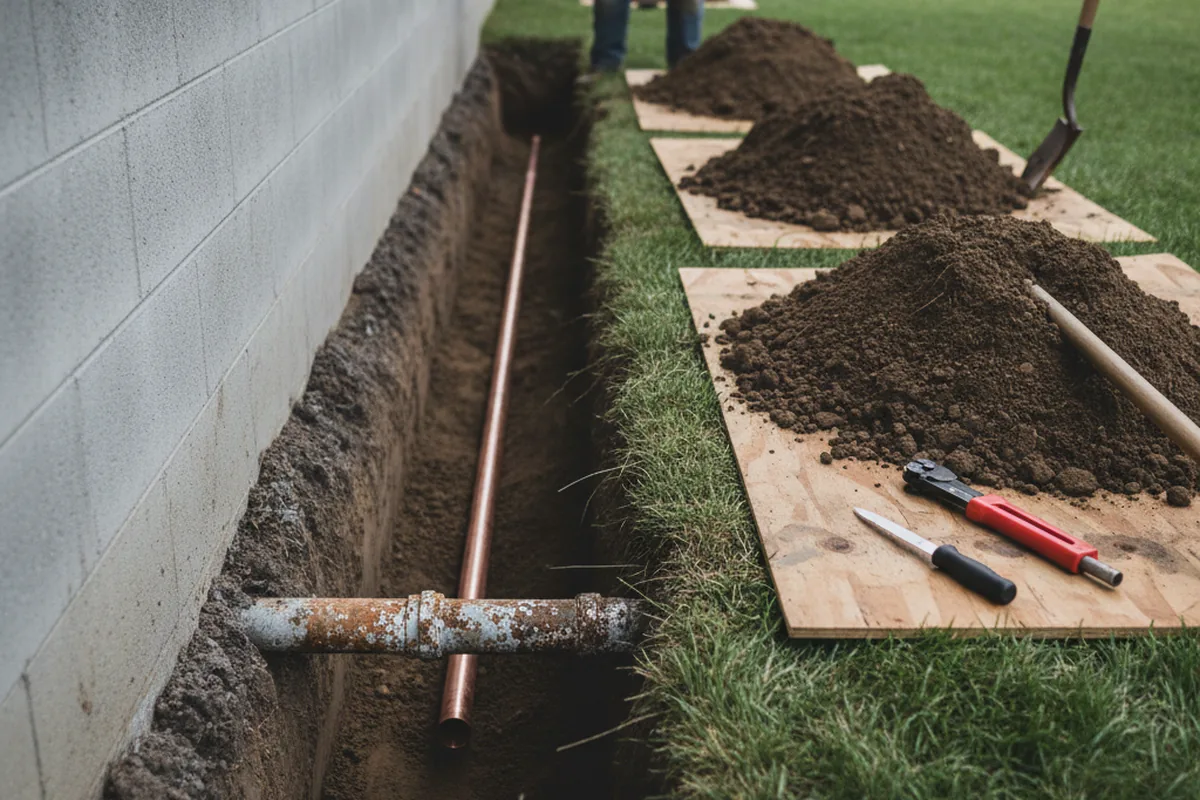 Excavated water line trench during Water Softener Installation in Lincolnshire